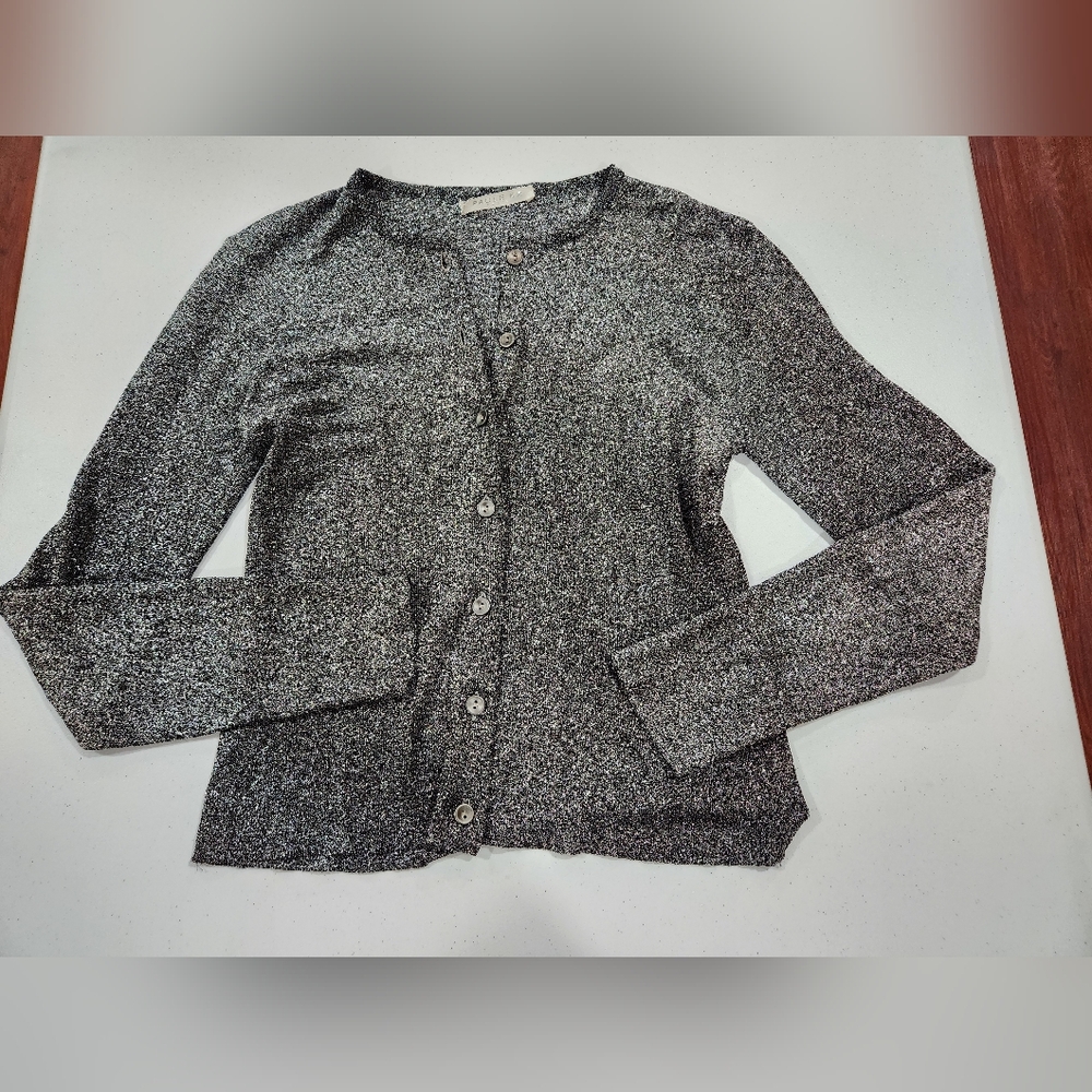 PAULE KA Charcoal Silver Shimmer Button-Up Cardigan Top Italy Metallic